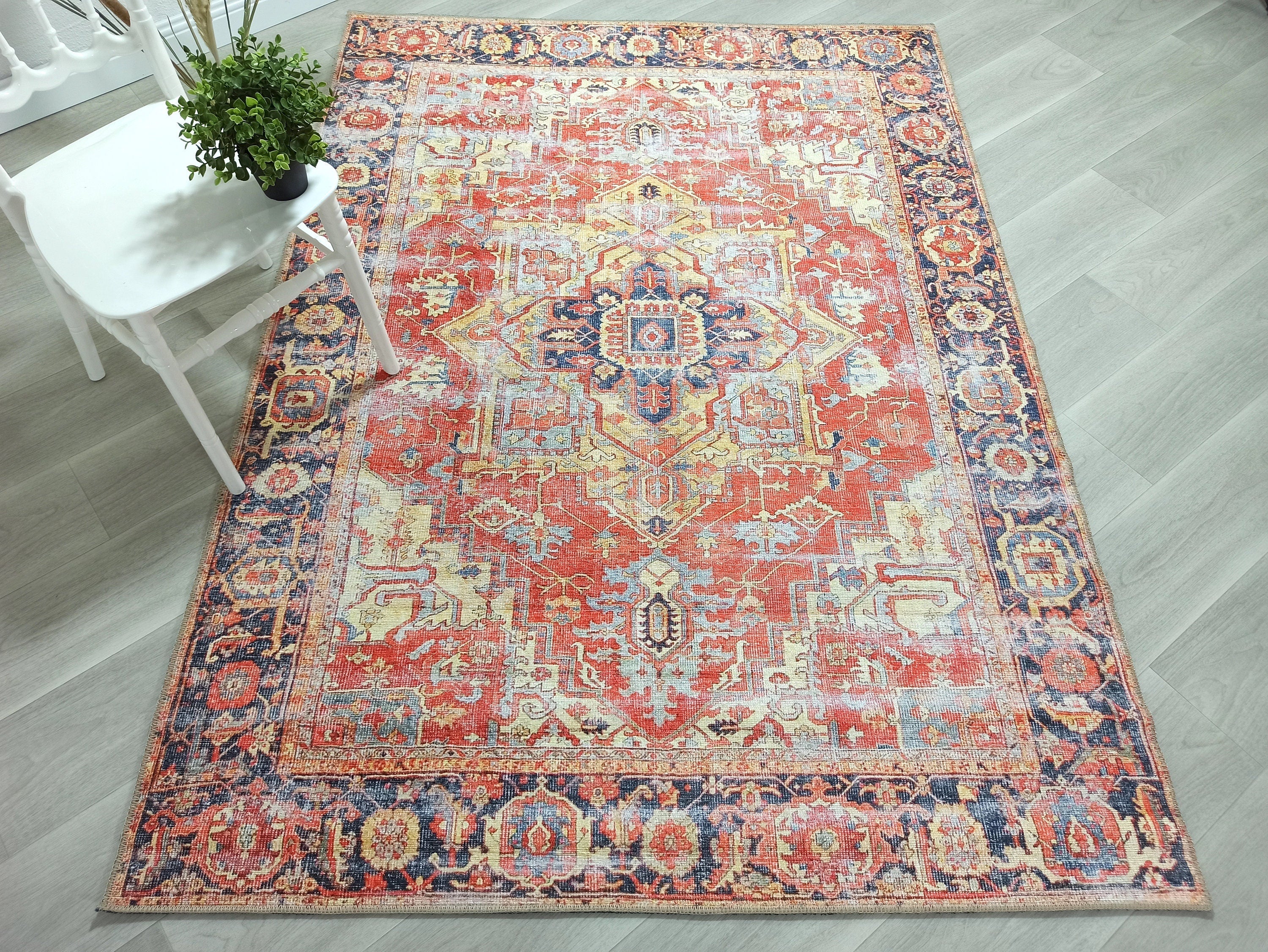 Vintage Persian Rug, Terracotta Brunt Orange Distressed Yellow Geometric Tribal Area Rugs Unique Boho Luxury Living Room Dining Bedroom-famerugs-5'x7' ft 150x210 cm-fame