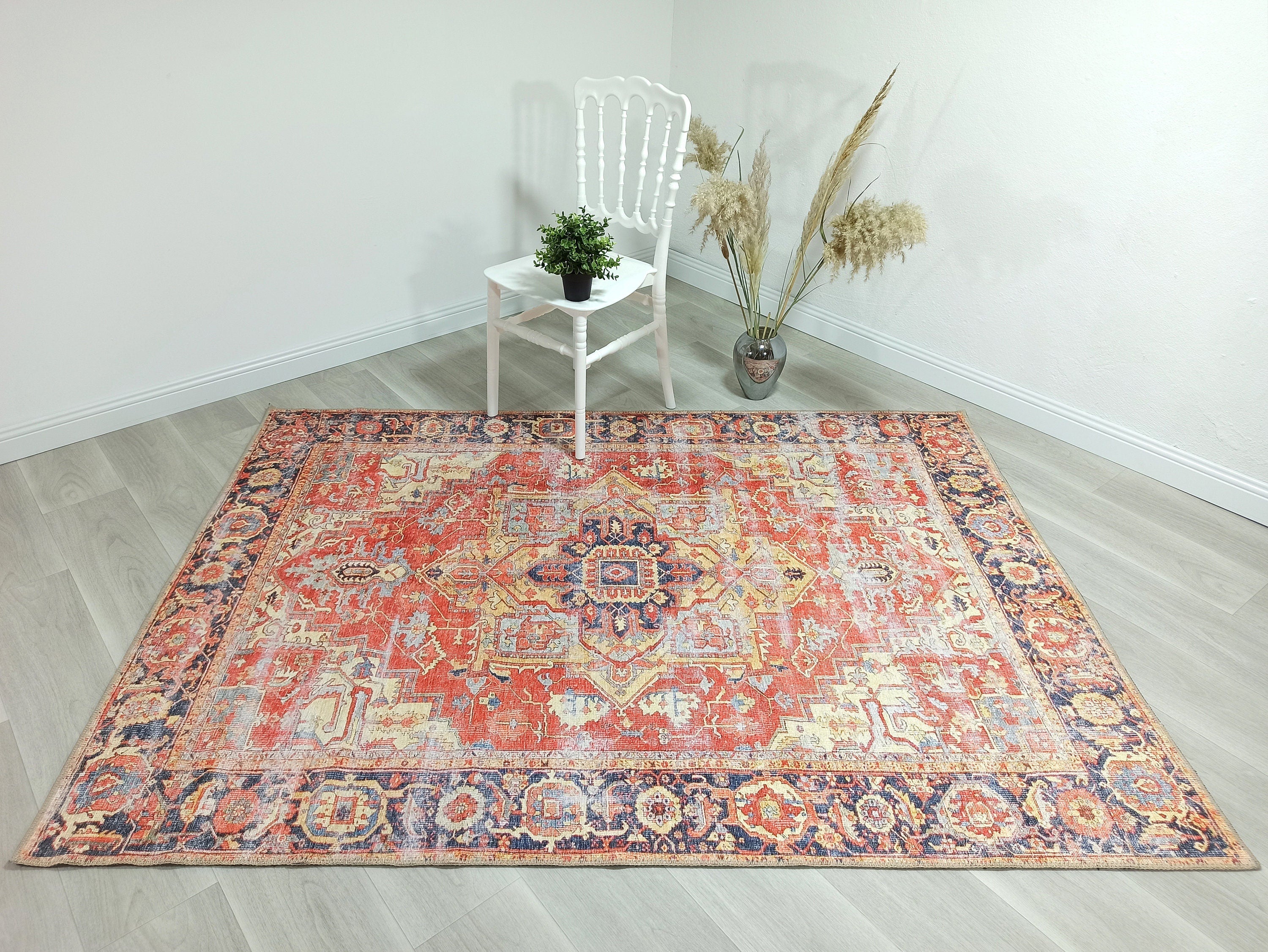 Vintage Persian Rug, Terracotta Brunt Orange Distressed Yellow Geometric Tribal Area Rugs Unique Boho Luxury Living Room Dining Bedroom-famerugs-5'x7' ft 150x210 cm-fame