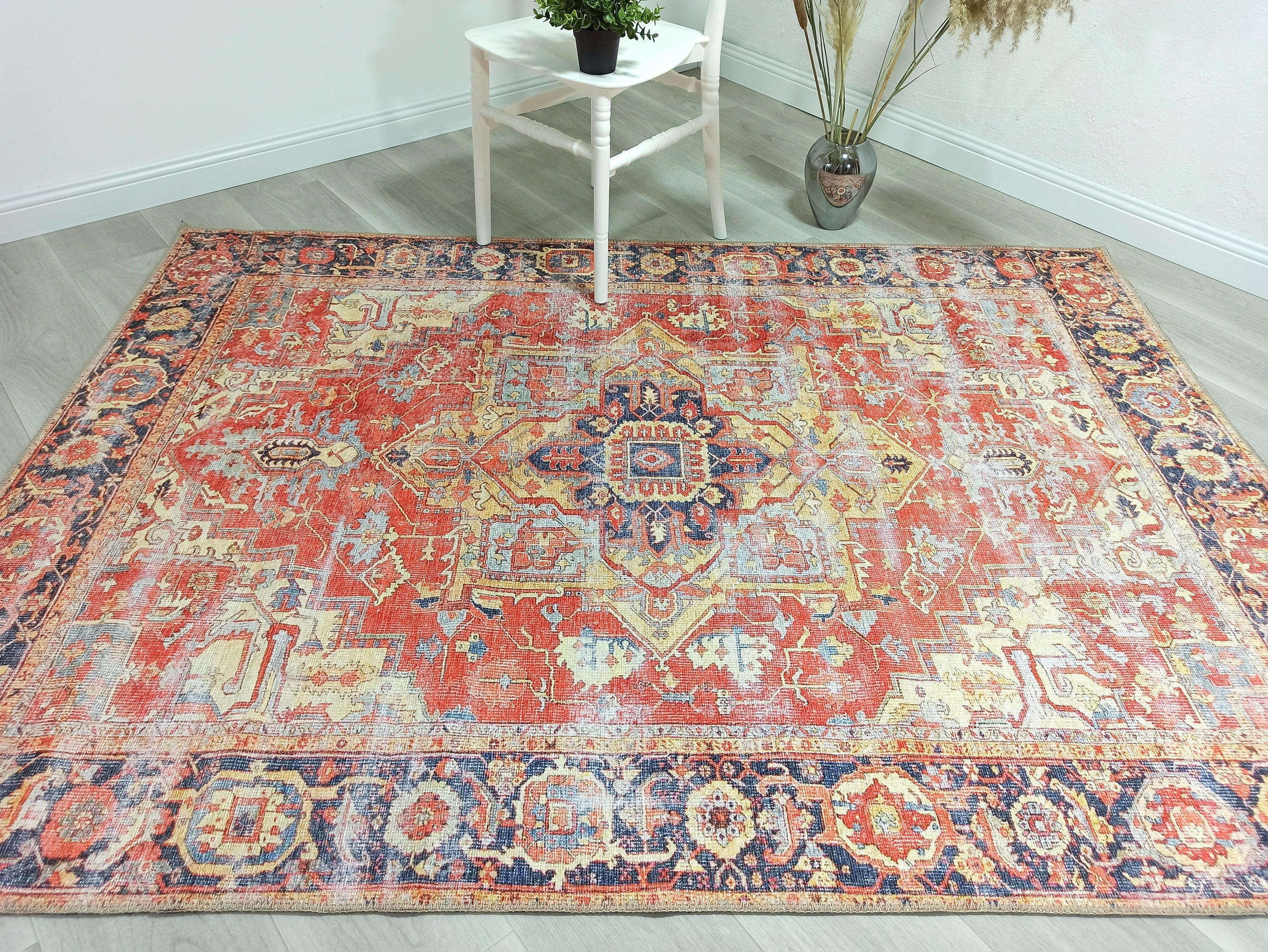 Vintage Persian Rug, Terracotta Brunt Orange Distressed Yellow Geometric Tribal Area Rugs Unique Boho Luxury Living Room Dining Bedroom-famerugs-5'x7' ft 150x210 cm-fame