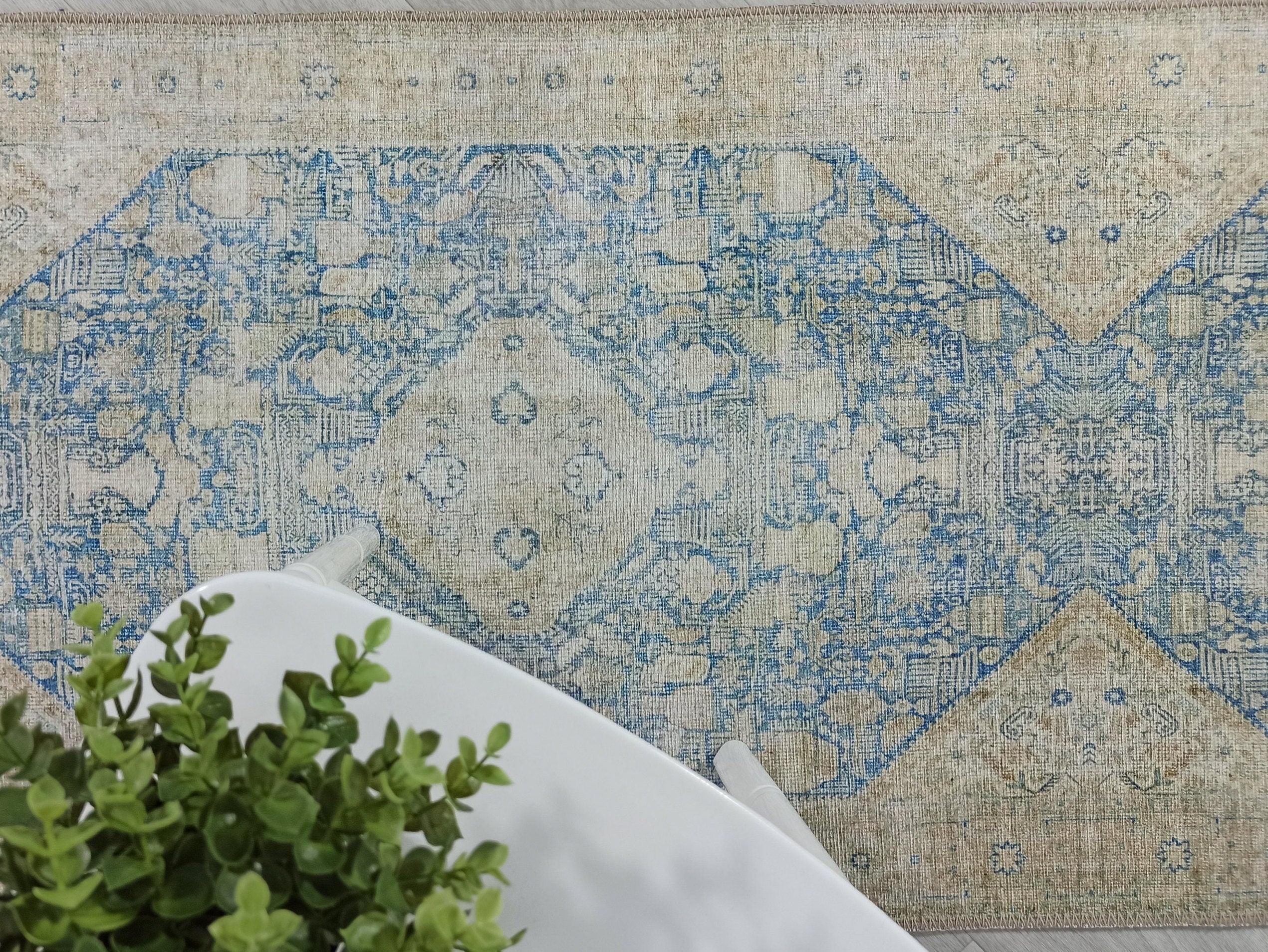 Vova Rug Neutral Turkish Beige Green Faded Blue Medallion Rug-Rugs-Fame Rugs-2'x3' ft 60x90 cm-fame