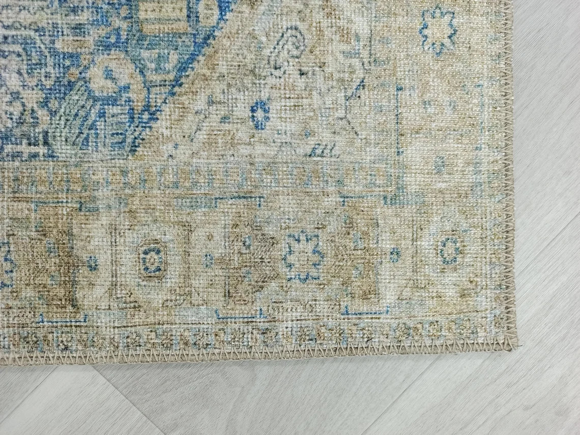 Vova Rug Neutral Turkish Beige Green Faded Blue Medallion Rug-Rugs-Fame Rugs-2'x3' ft 60x90 cm-fame