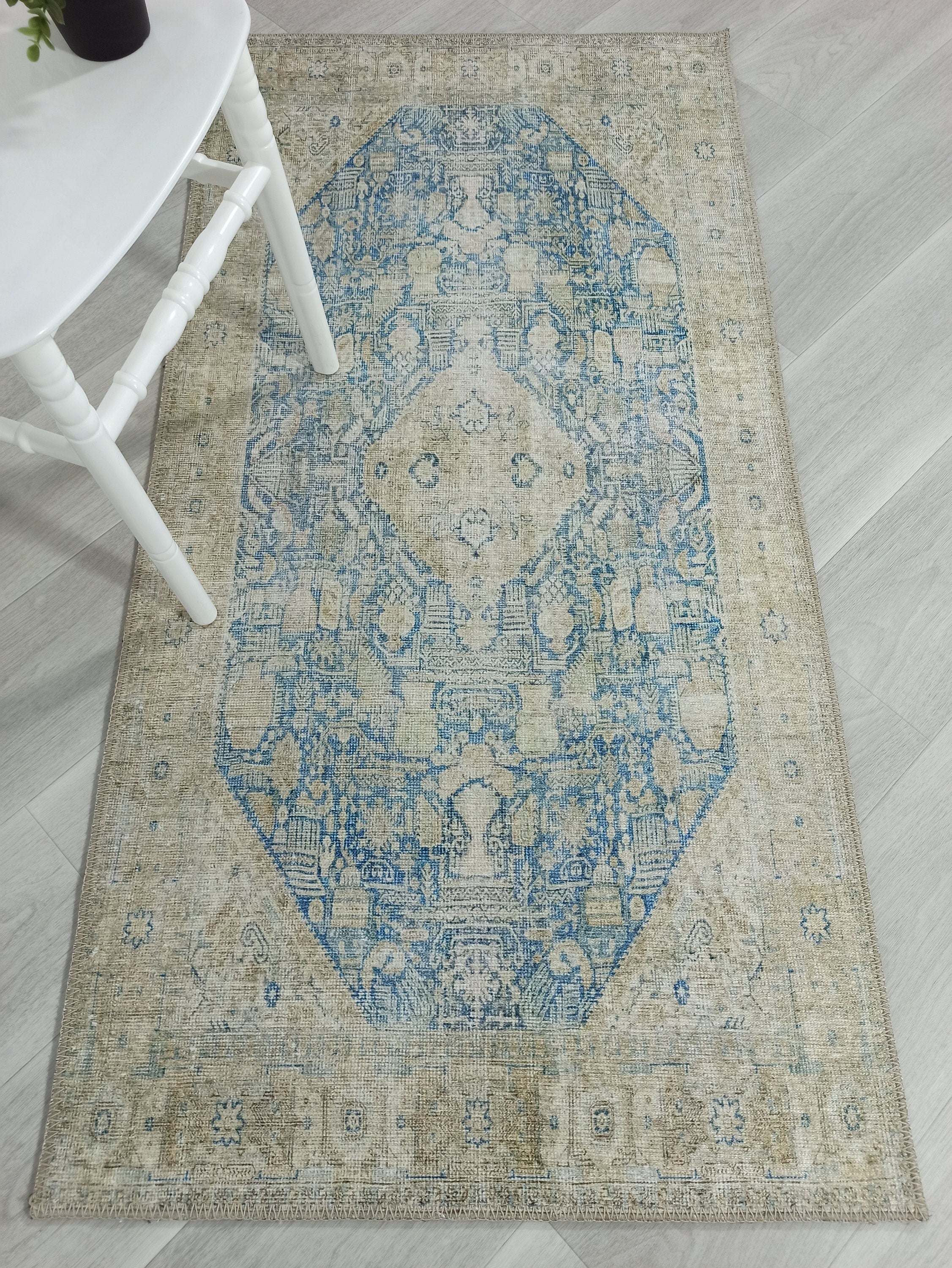 Vova Rug Neutral Turkish Beige Green Faded Blue Medallion Rug-Rugs-Fame Rugs-2'x3' ft 60x90 cm-fame