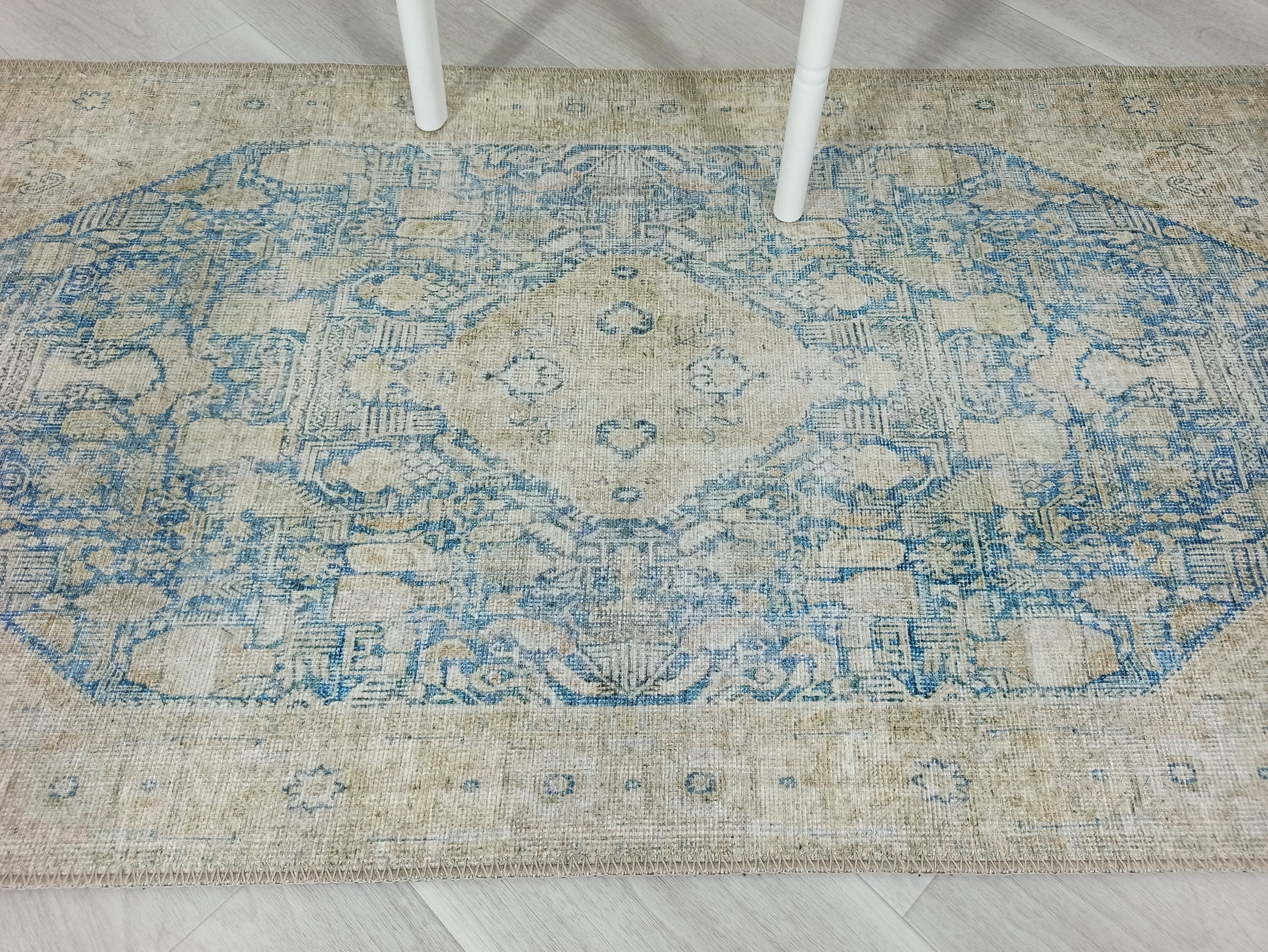 Vova Rug Neutral Turkish Beige Green Faded Blue Medallion Rug-Rugs-Fame Rugs-2'x3' ft 60x90 cm-fame