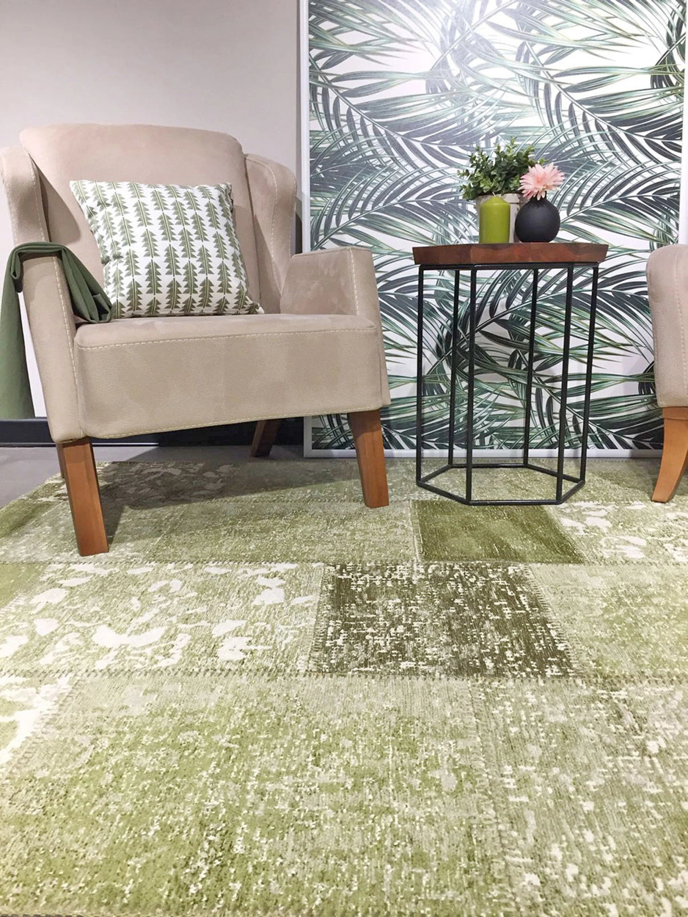 Zayla Lime Distressed Patchwork Turkish Rug-fame-2'5x5'ft 80x150cm-fame