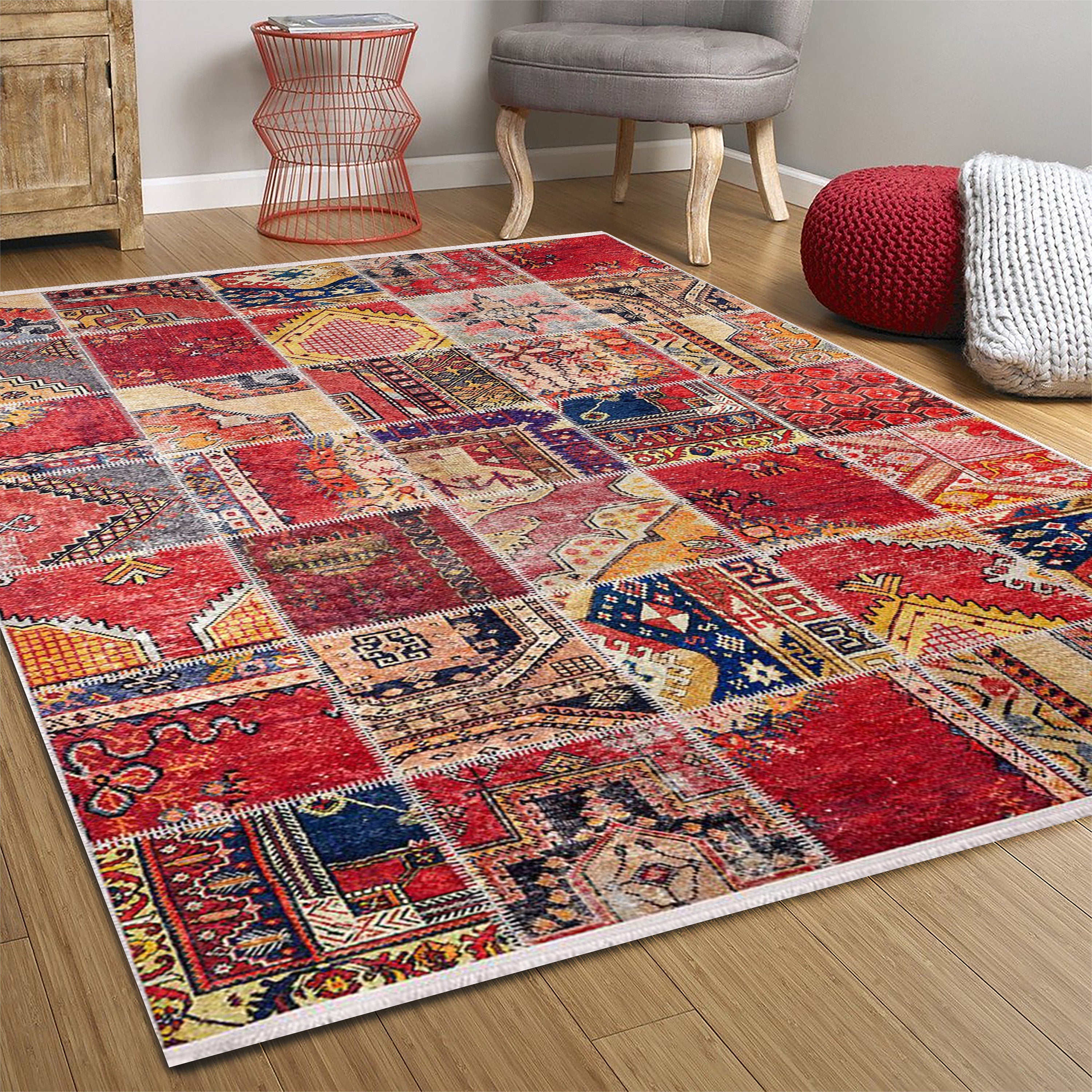 Afya Red Turkish Patchwork Rug-Fame Rugs-2'x3'ft 60x90cm-fame