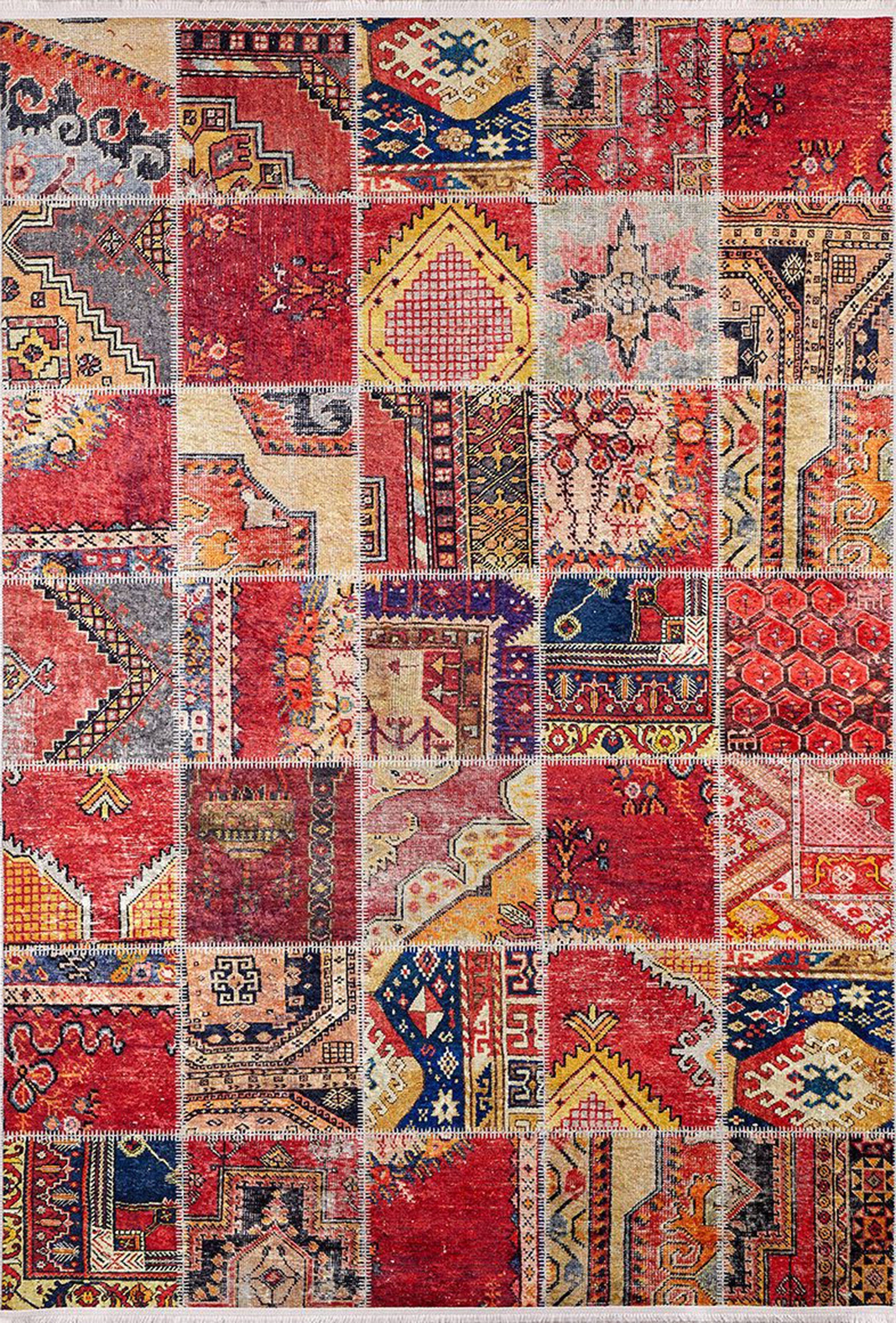 Afya Red Turkish Patchwork Rug-Fame Rugs-2'x3'ft 60x90cm-fame