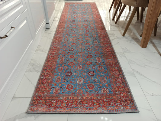 Zara-Läufer, persischer, blaugrüner roter Teppich, floraler Läuferteppich