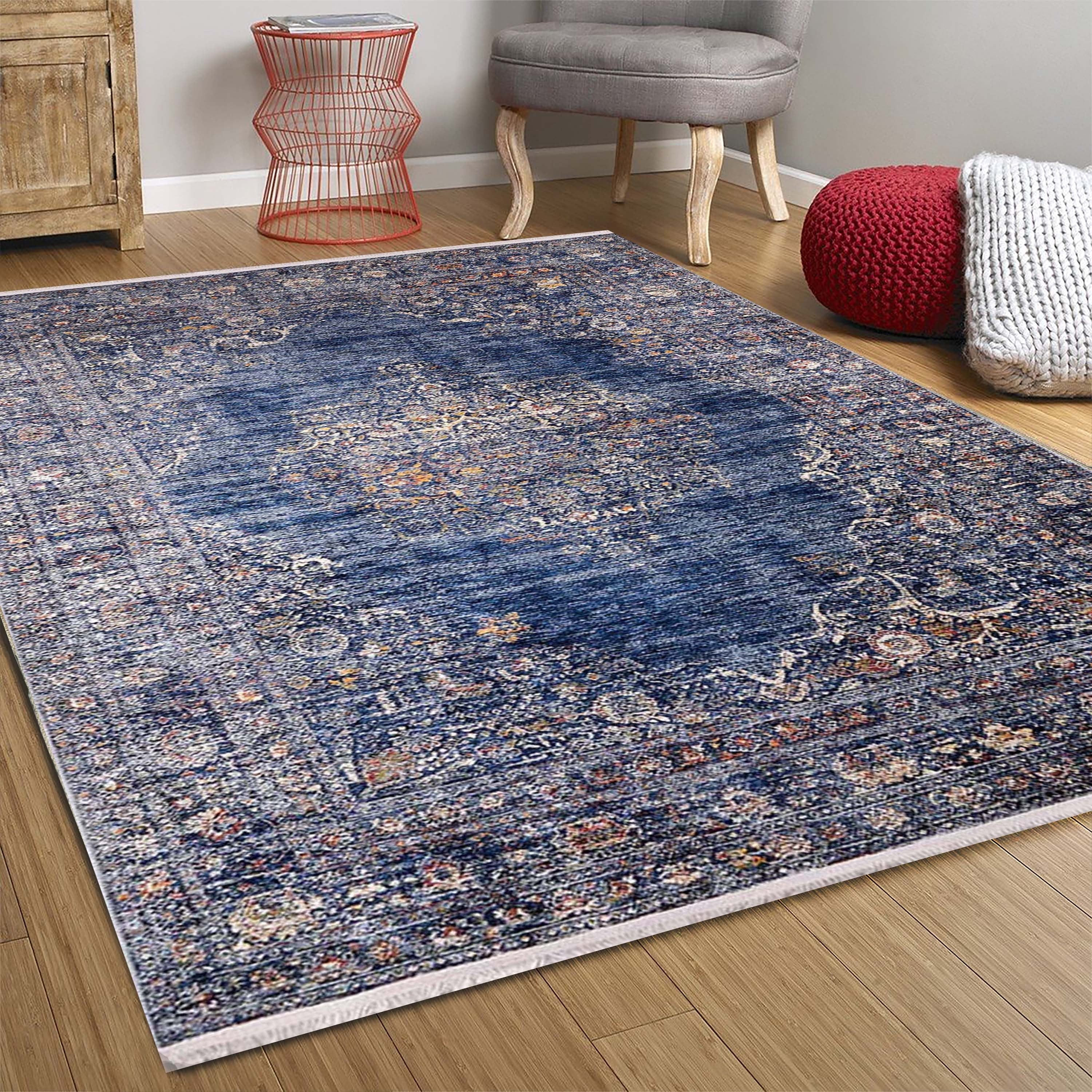 2x3 Turkish Blue Rug, Small Area Rugs 3x5 4x6 Traditional Vintage design Luxury Rugs for Kitchen Bathroom Bedside Bedroom Entryway Laundry