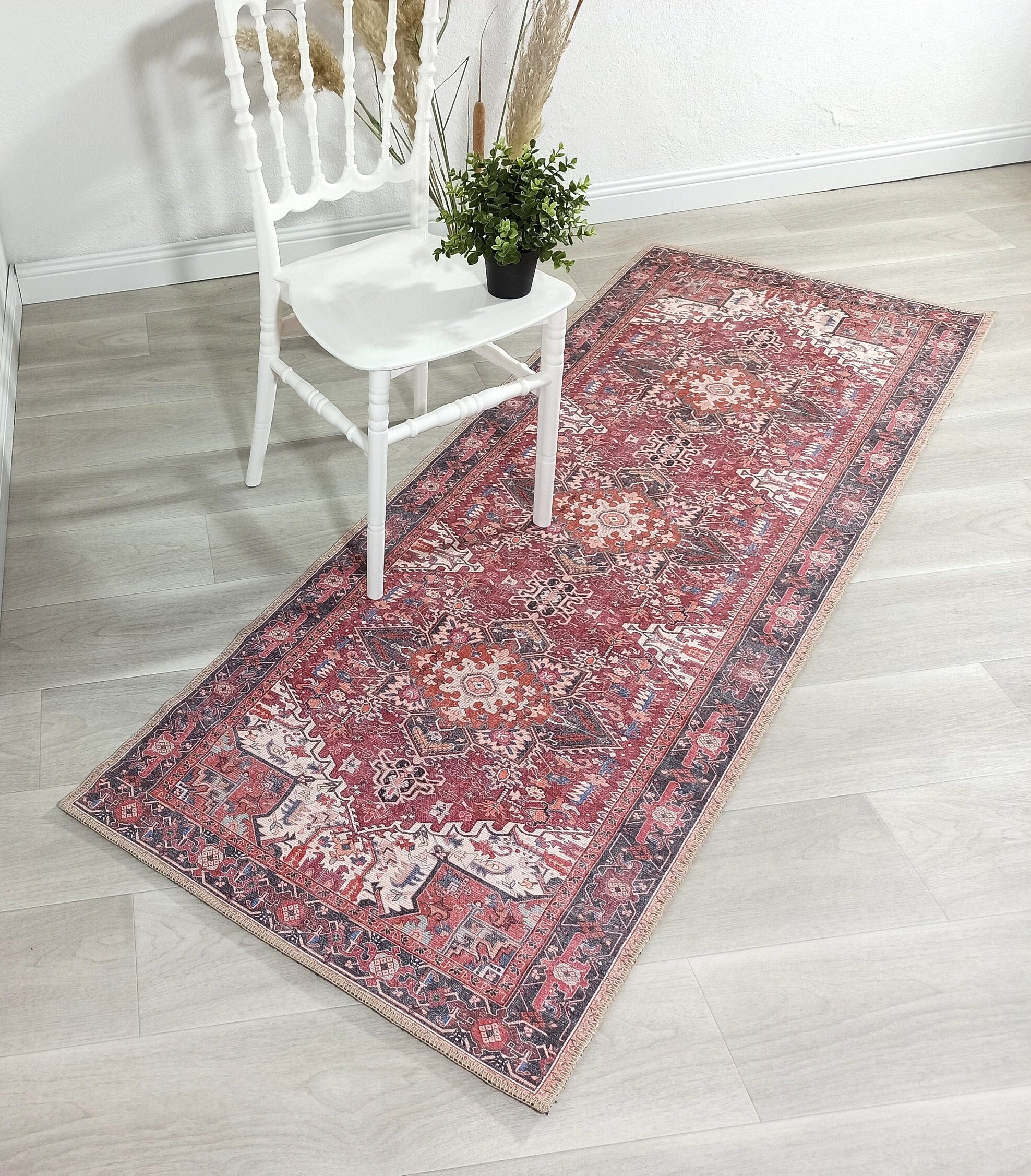 Hiba Runner Oriental Hot Pink Red Medallion Runner Rug - famerugs