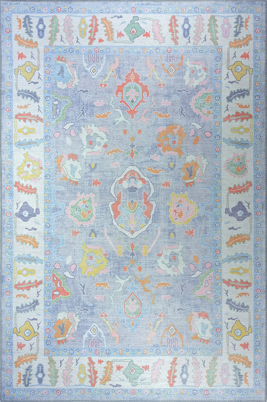 Tapis Oushak moderne en bleu sourd, nuances de bleu clair vintage turc coloré oriental d'inspiration antique, tapis de luxe pour salon, chambre à coucher