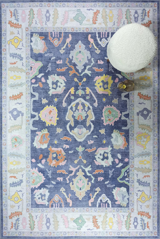 Tapis Oushak moderne bleu marine, tapis colorés de style turc vintage pastel, motif d’inspiration antique orientale salon chambre bureau
