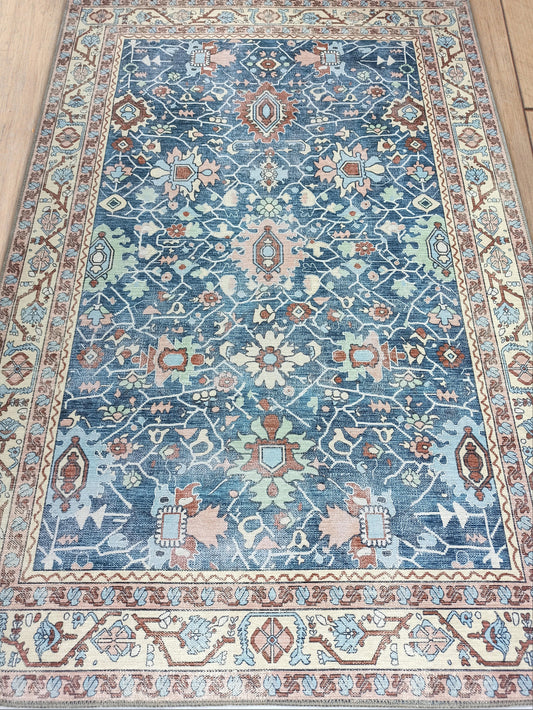 Tapis vintage turc Oushak, nuances de bleu Boho oriental géométrique floral antique persan inspiré moderne tapis salon chambre hall